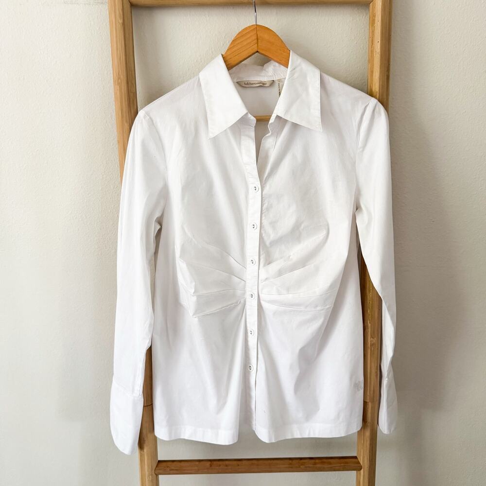 Soft Surroundings White Button Down Shirt Women’s Cotton Stretch Ruched Blouse L
